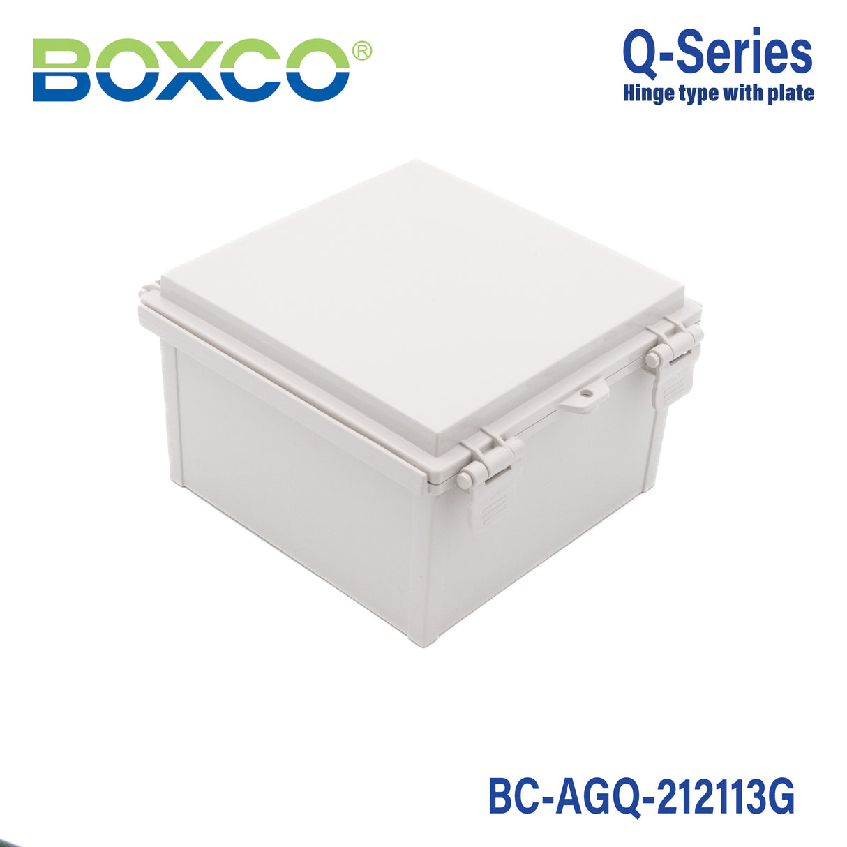 Boxco Q-Series 210x210x130mm Plastic Enclosure, IP67, IK08, ABS, Grey Cover, Hinge Type with Plate