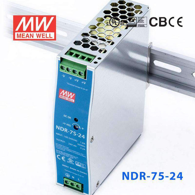 Mean Well NDR-75-24 Single Output Industrial Power Supply 75W 24V 3.2A - DIN Rail
