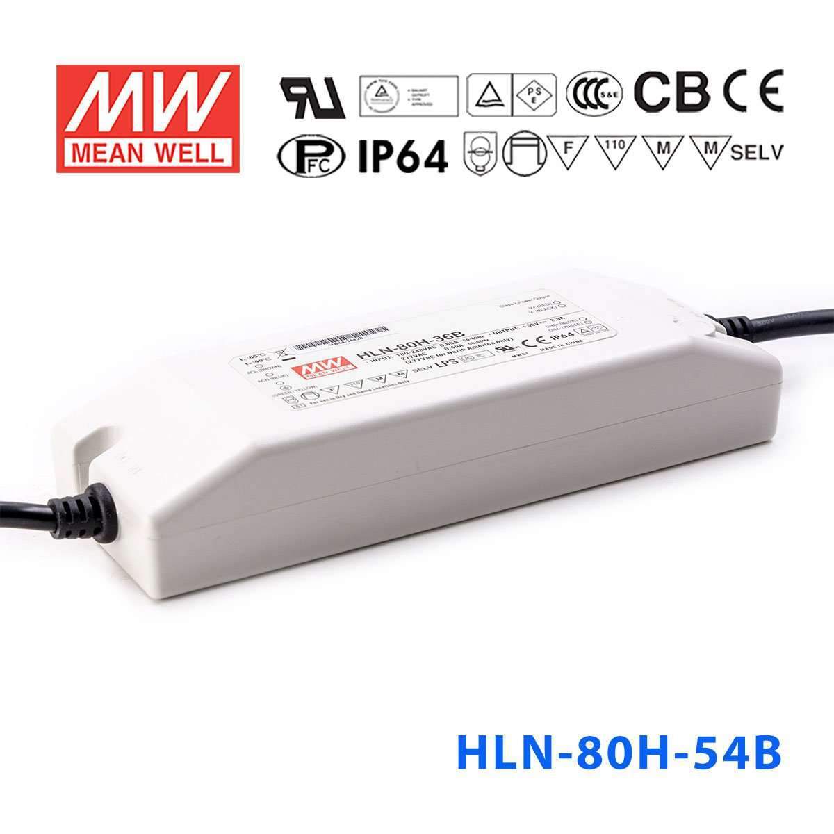 Mean Well HLN-80H-54B Power Supply 80W 54V - IP64, Dimmable