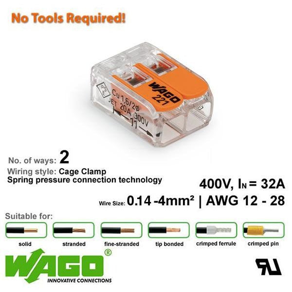 Wago 221-412 Compact Connector 2 Way - Low Profile with Lever