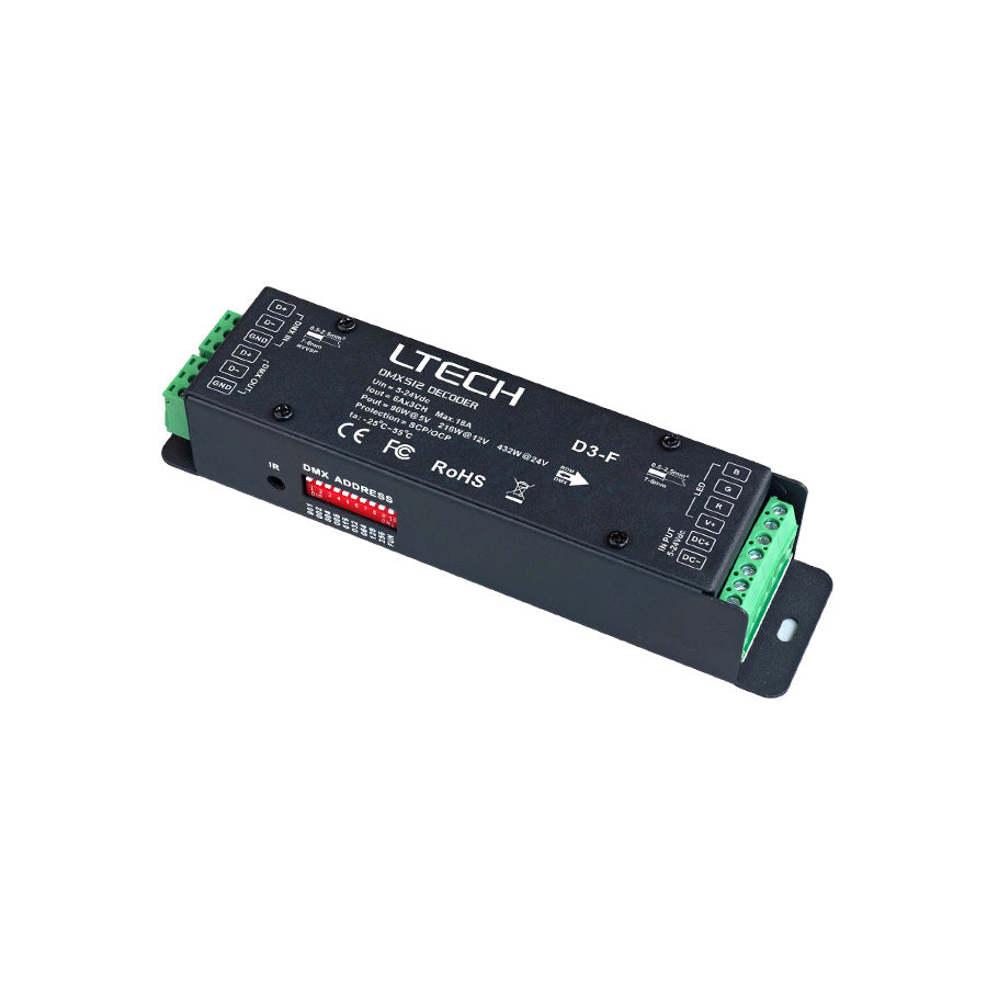 Ltech D3-F Constant Voltage 3 Channel DMX/RDM Decoder, 5-24V, 6A per Channel