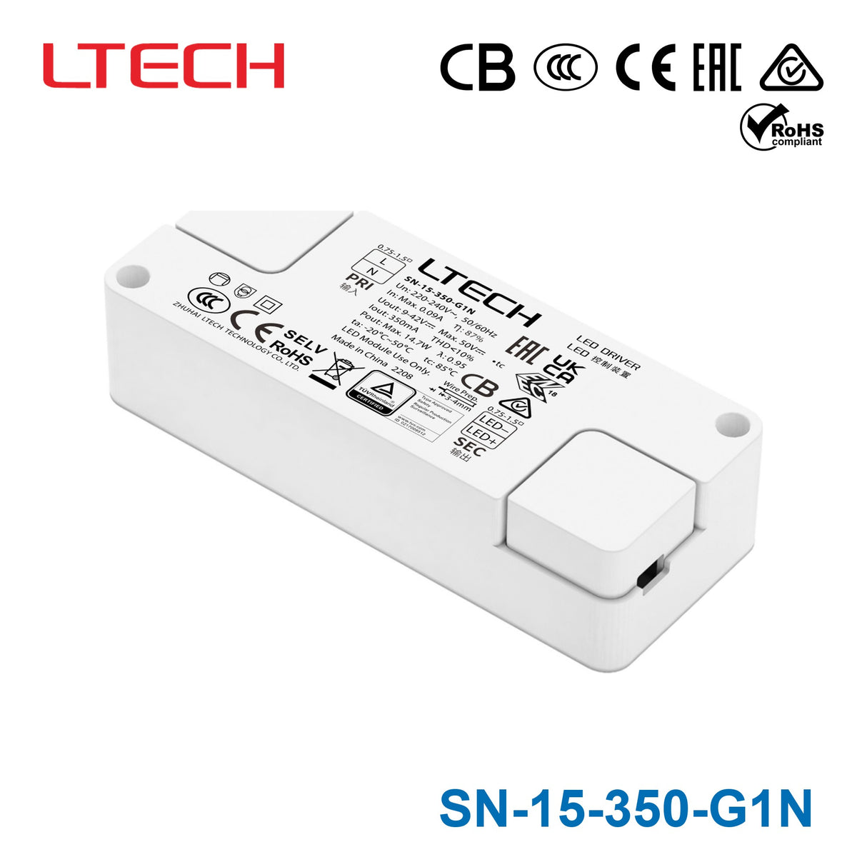 Ltech SN-15-350-G1N 14.7W 9-42VDC CC LED Driver 0.35A