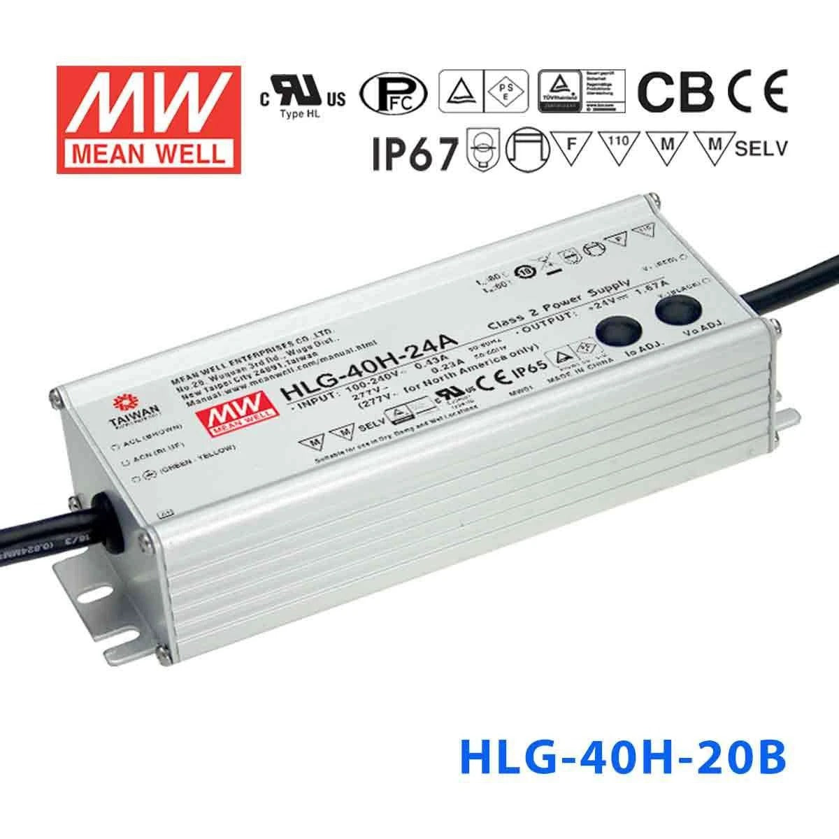 Mean Well HLG-40H-20B Power Supply 40W 20V - Dimmable