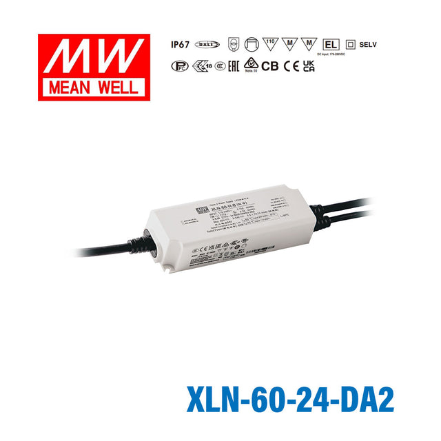 Mean Well XLN-60-24-DA2 LED Driver 60W 24V IP67, DALI2 + Push Dimming 2.5A