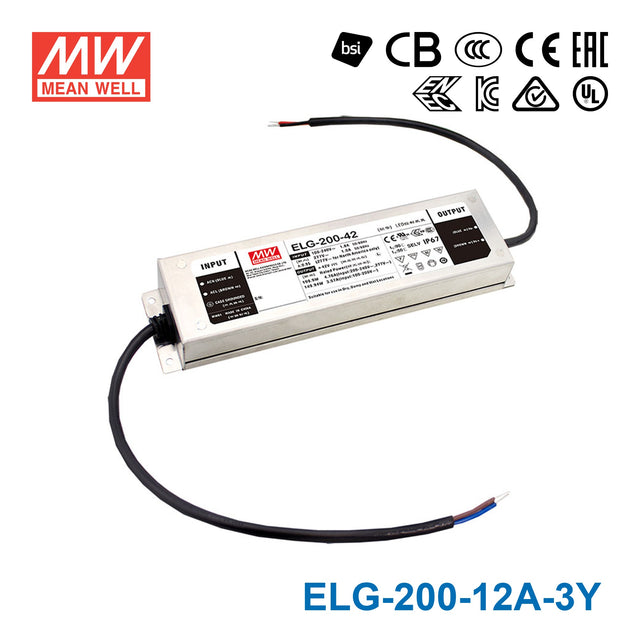 Mean Well ELG-200-12A-3Y Power Supply 192W 12V - Adjustable 16A — 3-Wire Input (with Earth)