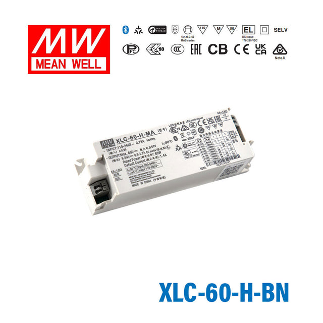 Mean Well XLC-60-H-BN LED Driver 60W 1400mA 9~54V Constant Power, 3 in 1 Dimming, NFC Current Setting