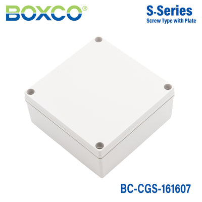 Boxco S-Series 160x160x70mm Plastic Enclosure, IP67, IK08, PC, Grey Cover, Screw Type