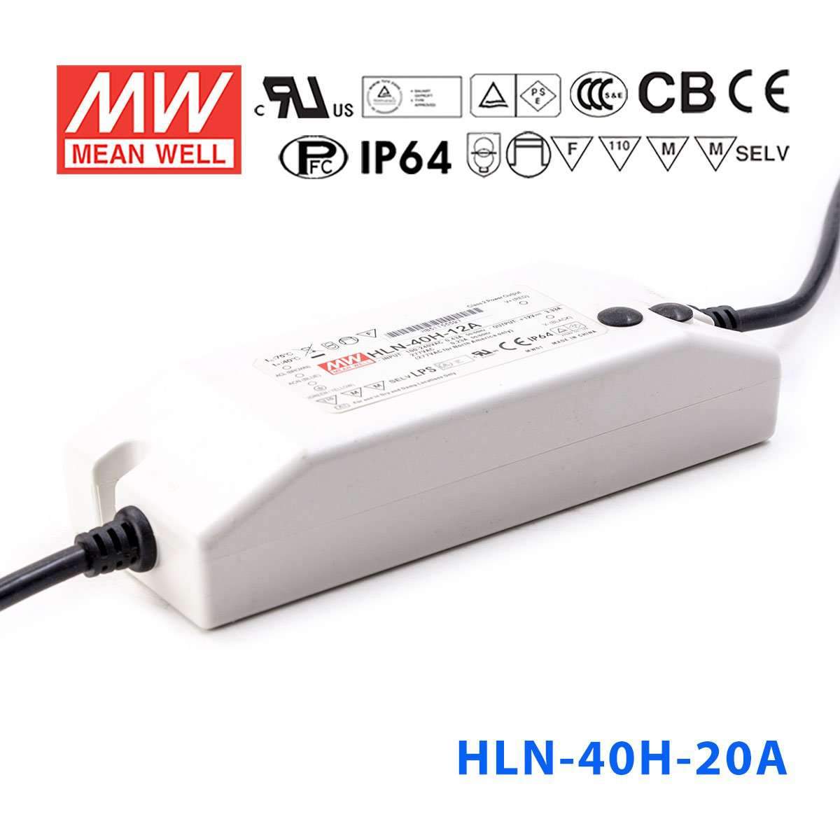 Mean Well HLN-40H-20A Power Supply 40W 20V - IP64, Adjustable