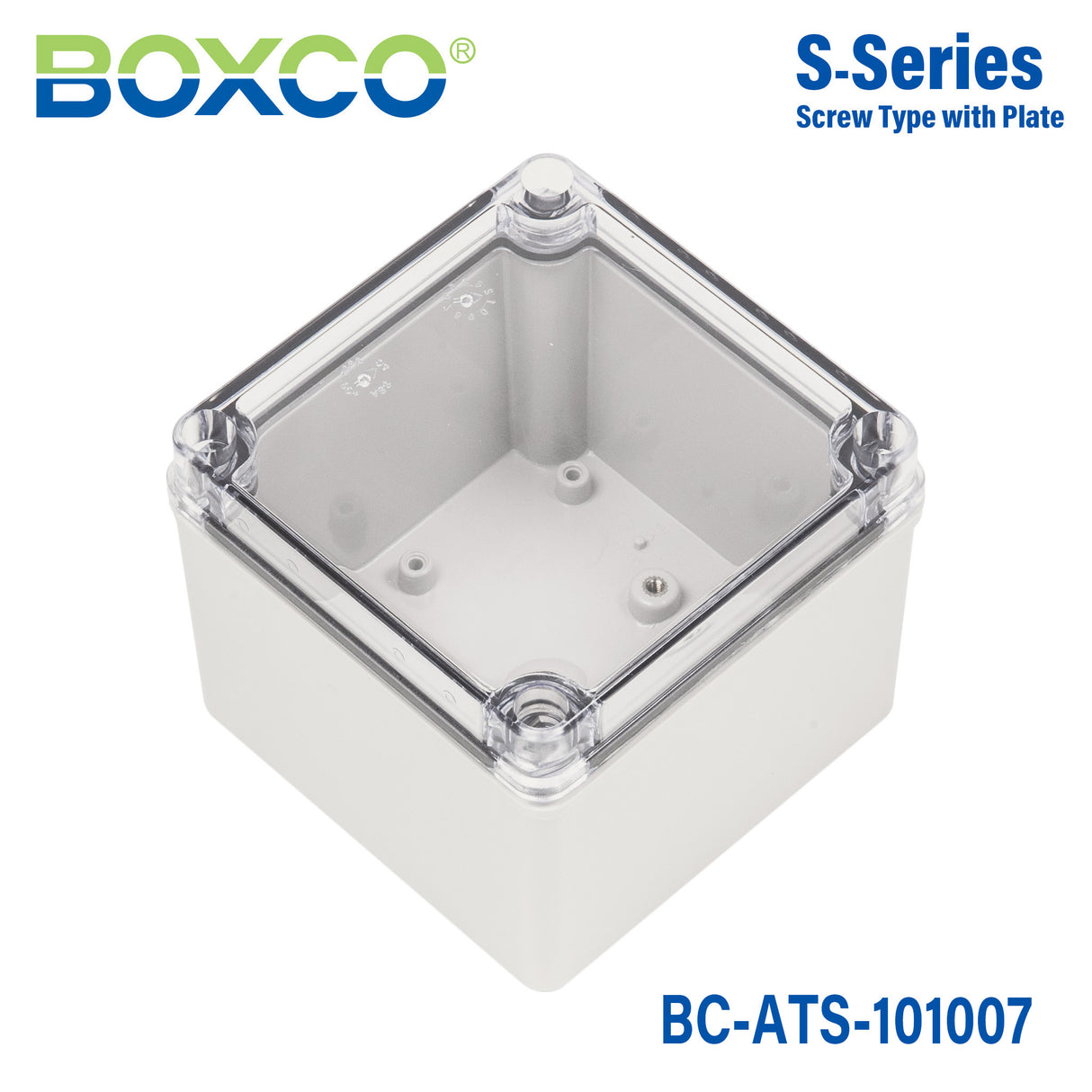 Boxco S-Series 100x100x75mm Plastic Enclosure, IP67, IK08, ABS, Transparent Cover, Screw Type