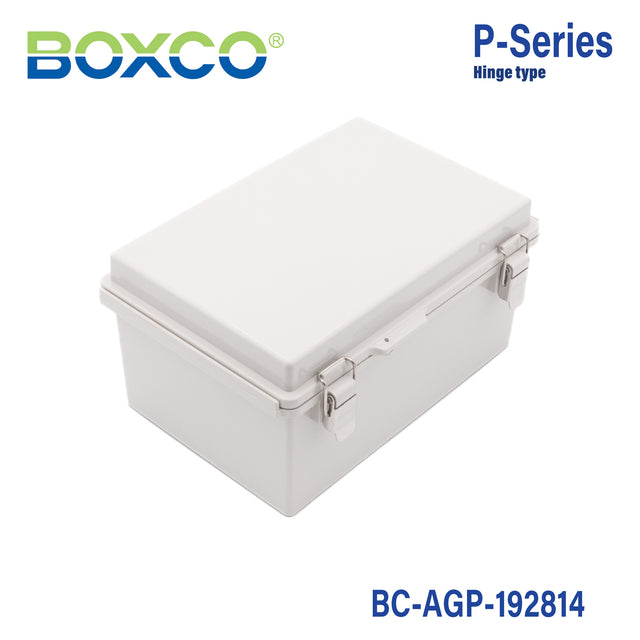 Boxco P-Series 190x280x140mm Plastic Enclosure, IP67, IK08, ABS, Grey Cover, Molded Hinge and Latch Type