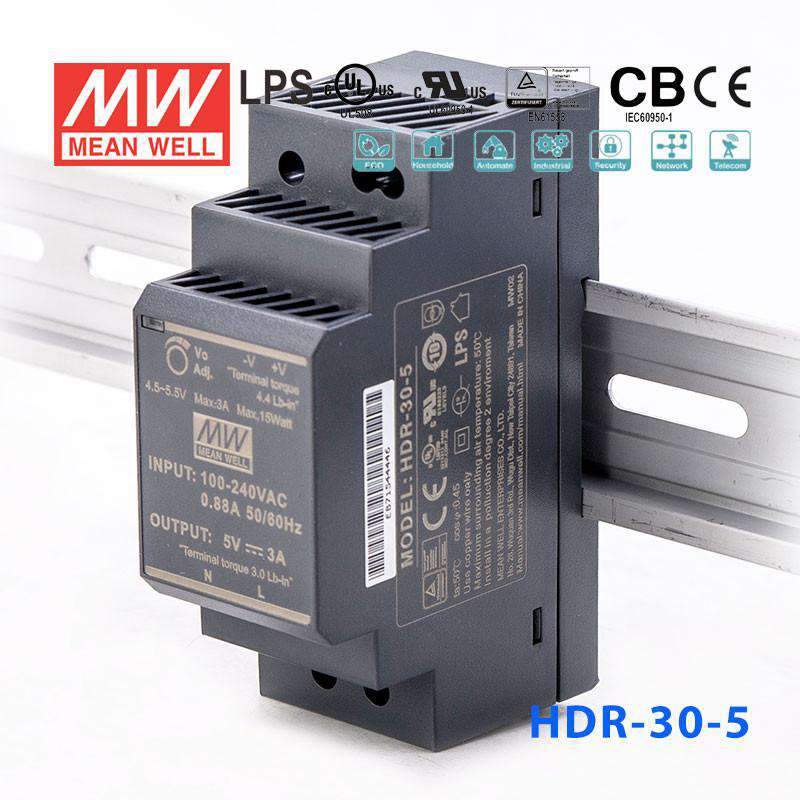 Mean Well HDR-30-5 Ultra Slim Step Shape Power Supply 15W 5V 3A - DIN Rail
