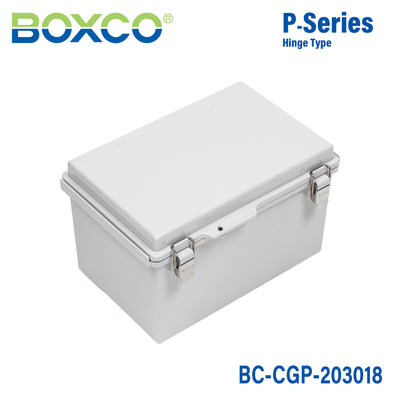 Boxco P-Series 200x300x180mm Plastic Enclosure, IP67, IK08, PC, Grey Cover, Molded Hinge and Latch Type