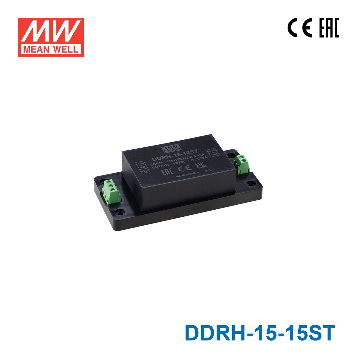 Mean Well DDRH-15-15ST Ultra Wide Input DC-DC Converter, 15W 15V, Screw Terminal Type 1A