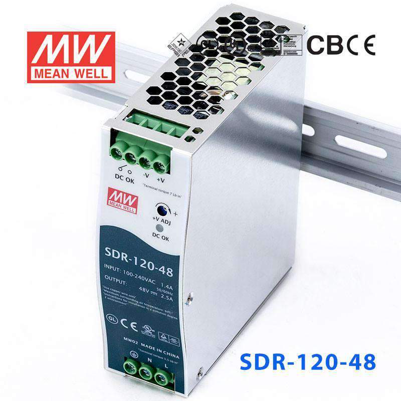 Mean Well SDR-120-48 Single Output Industrial Power Supply 120W 48V 2.5A - DIN Rail