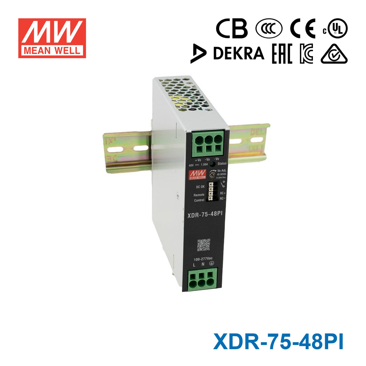 Mean Well XDR-75-48PI High-End Ultra Slim Industrial Din Rail Power Supply 74.88W 48V with Push In Connector 1.56A