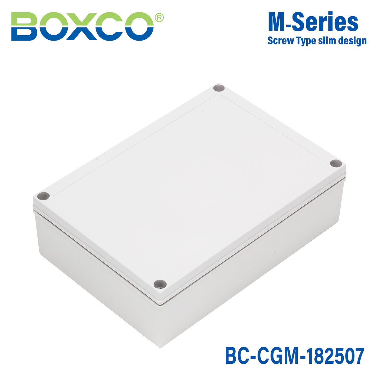 Boxco M-Series 180x255x75mm Plastic Enclosure, IP67, IK08, PC, Grey Cover, Screw Type