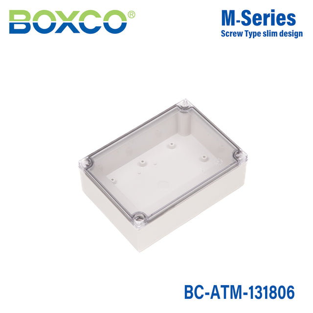 Boxco M-Series 130x180x60mm Plastic Enclosure, IP67, IK08, ABS, Transparent Cover, Screw Type