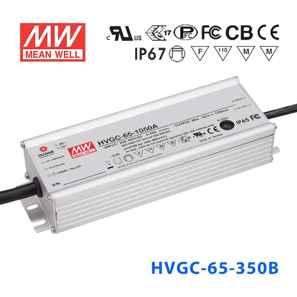 Mean Well HVGC-65-350B Power Supply 65W 350mA - Dimmable