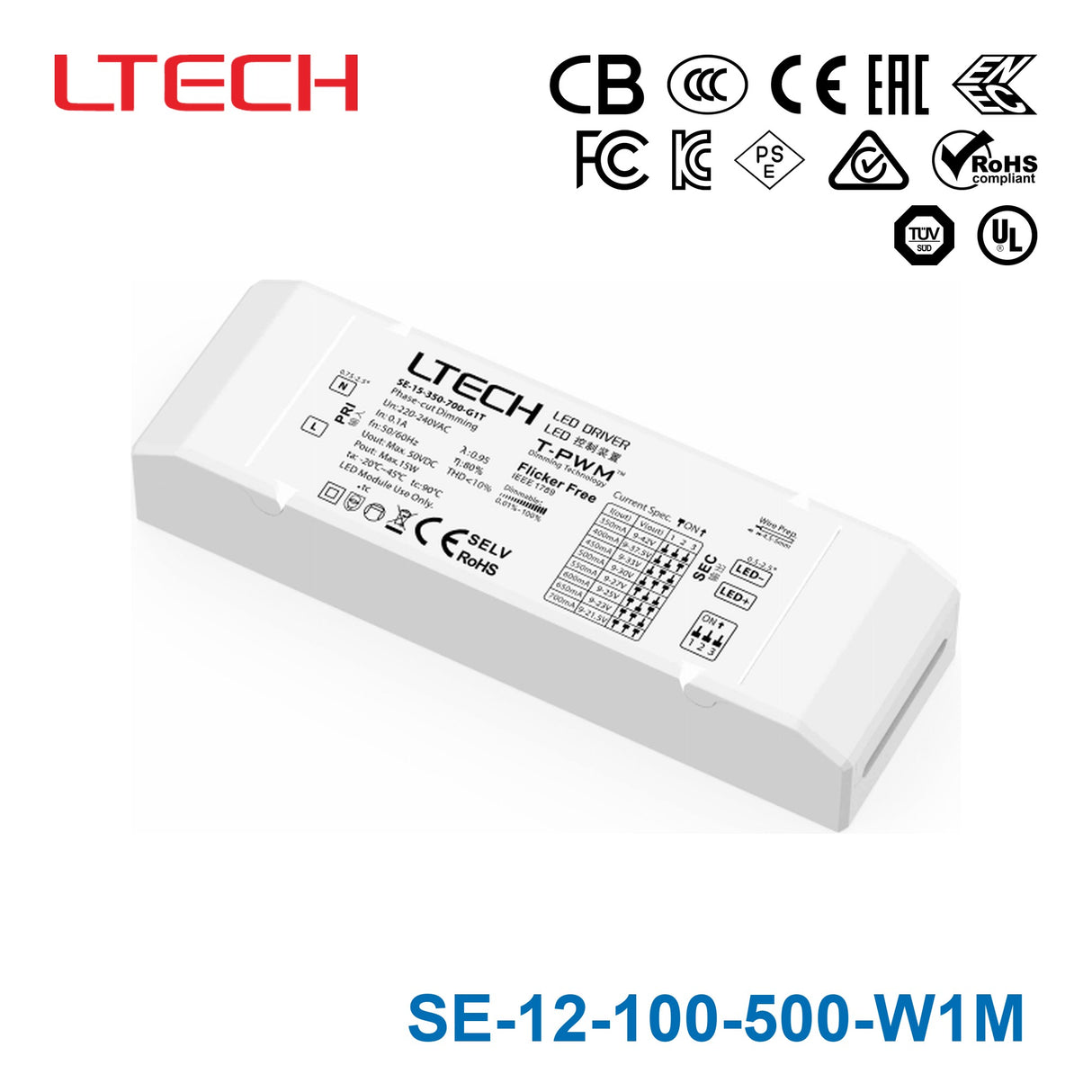 Ltech SE-12-100-500-W1M 12W 9-42VDC CC DMX512 LED Driver 0.1-0.5A