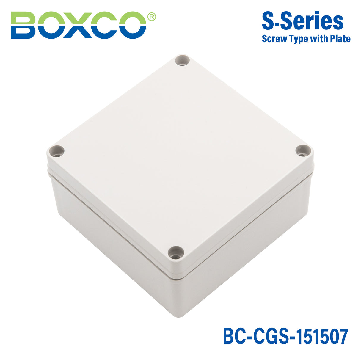Boxco S-Series 150x150x75mm Plastic Enclosure, IP67, IK08, PC, Grey Cover, Screw Type