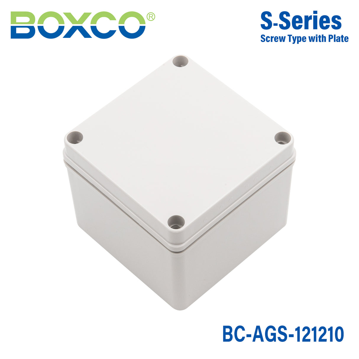 Boxco S-Series 125x125x100mm Plastic Enclosure, IP67, IK08, ABS, Grey Cover, Screw Type