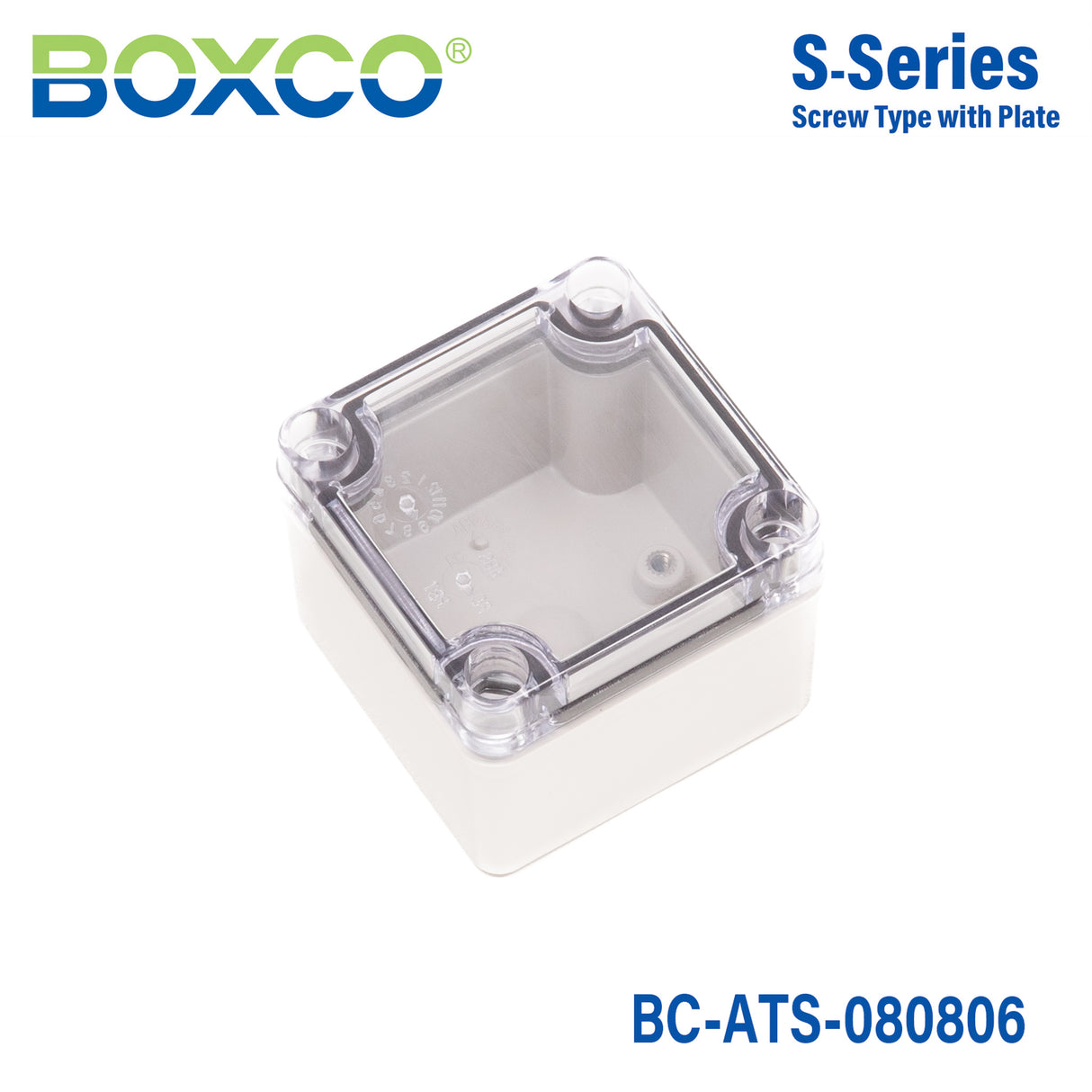 Boxco S-Series 80x80x60mm Plastic Enclosure, IP67, IK08, ABS, Transparent Cover, Screw Type