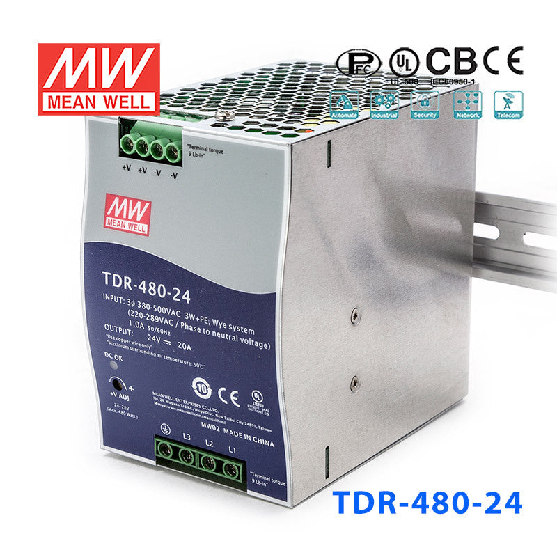 Mean Well TDR-480-24 Single Output Industrial Power Supply 480W 24V 20A - DIN Rail