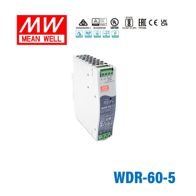Mean Well WDR-60-5 Single Output Industrial Power Supply 60W 5V 10A - DIN Rail