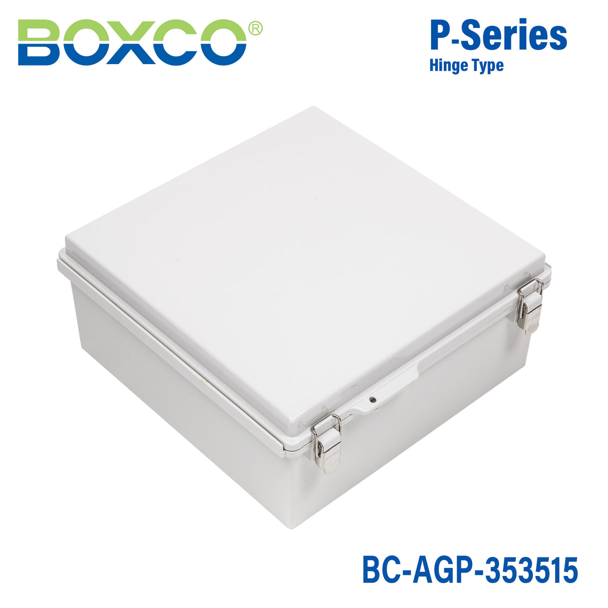 Boxco P-Series 350x350x150mm Plastic Enclosure, IP67, IK08, ABS, Grey Cover, Molded Hinge and Latch Type