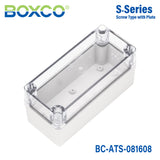 Boxco S-Series 80x160x85mm Plastic Enclosure, IP67, IK08, ABS, Transparent Cover, Screw Type
