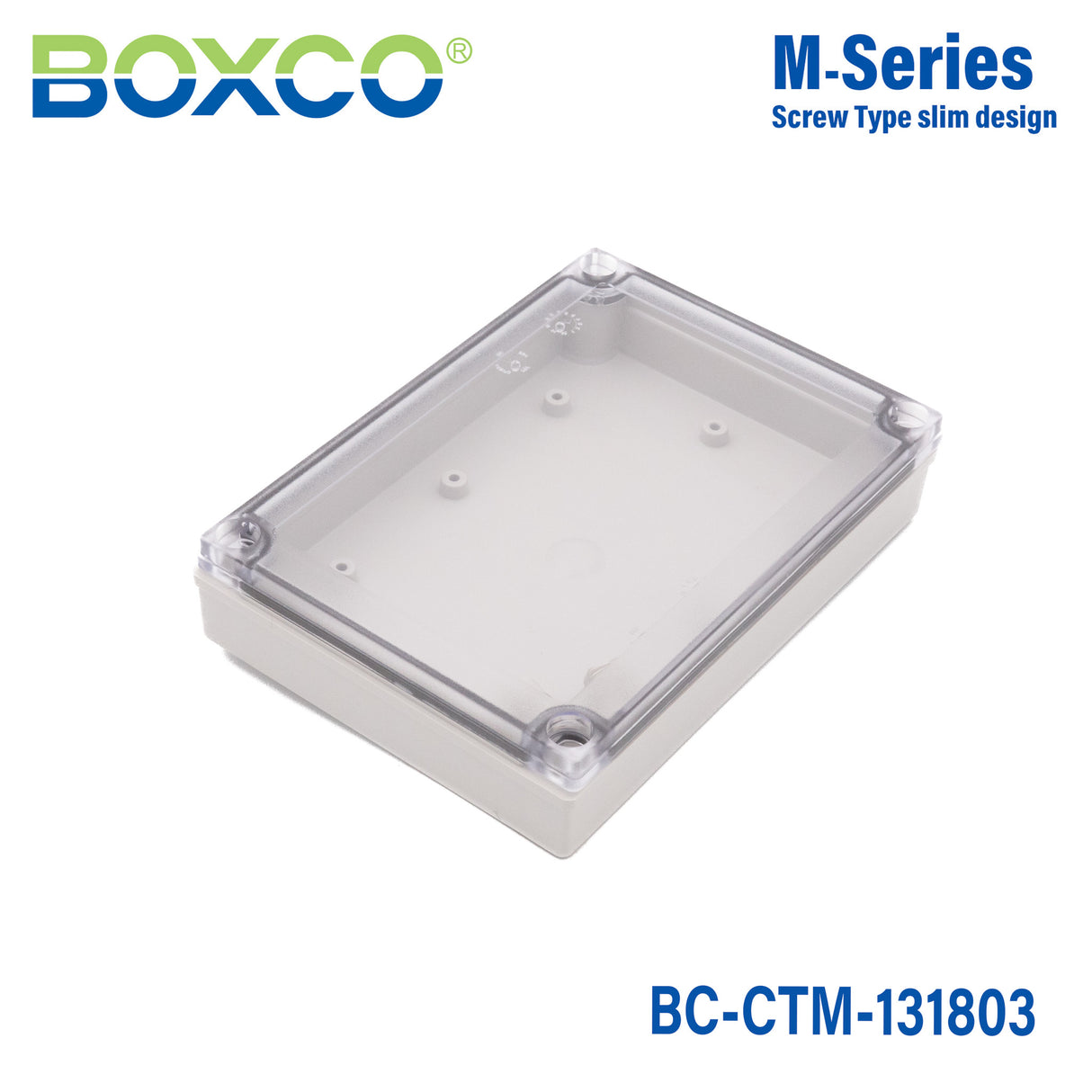 Boxco M-Series 130x180x35mm Plastic Enclosure, IP67, IK08, PC, Transparent Cover, Screw Type