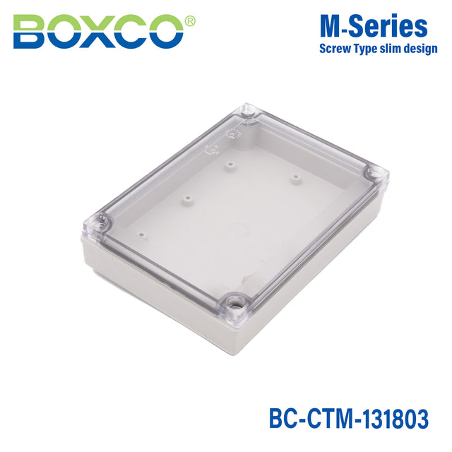 Boxco M-Series 130x180x35mm Plastic Enclosure, IP67, IK08, PC, Transparent Cover, Screw Type