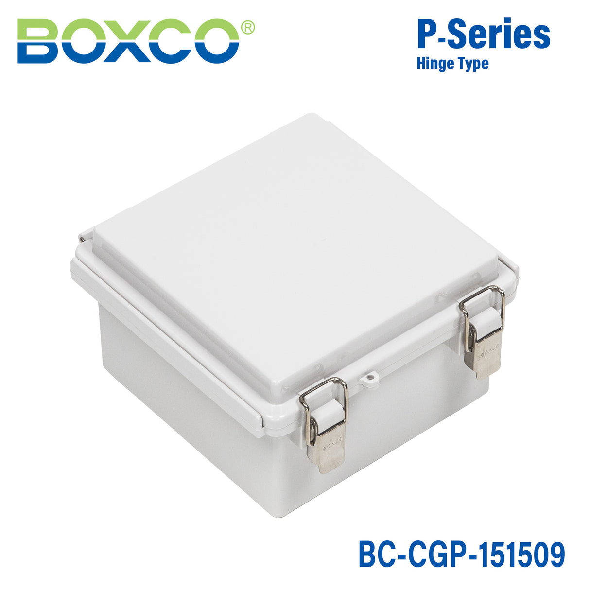 Boxco P-Series 150x150x90mm Plastic Enclosure, IP67, IK08, PC, Grey Cover, Molded Hinge and Latch Type