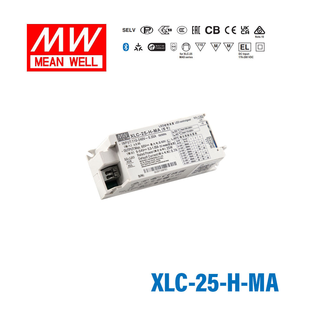 Mean Well XLC-25-H-MA LED Driver 25W 700mA 9~54V Constant Power, Current Setting by Dip Switch, Matter Wireless Dimming