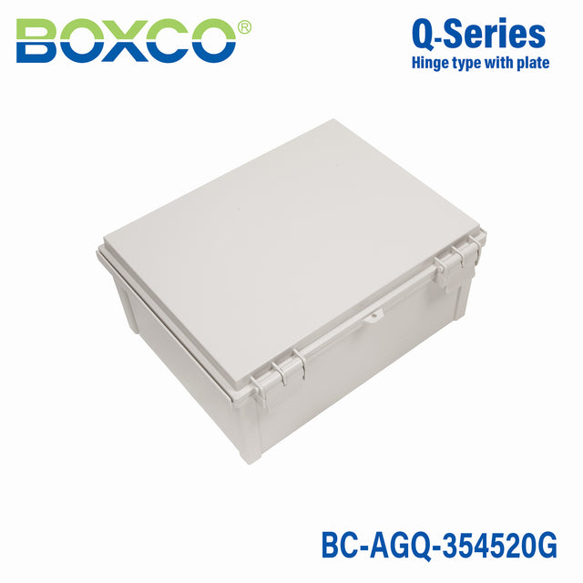 Boxco Q-Series 350x450x200mm Plastic Enclosure, IP67, IK08, ABS, Grey Cover, Hinge Type with Plate
