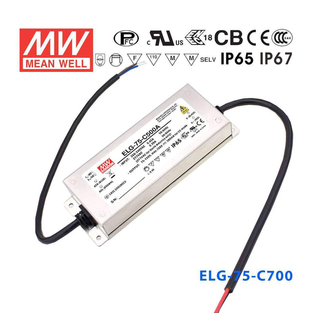 Mean Well ELG-75-C700AB Power Supply 75W 700mA - Adjustable and Dimmable