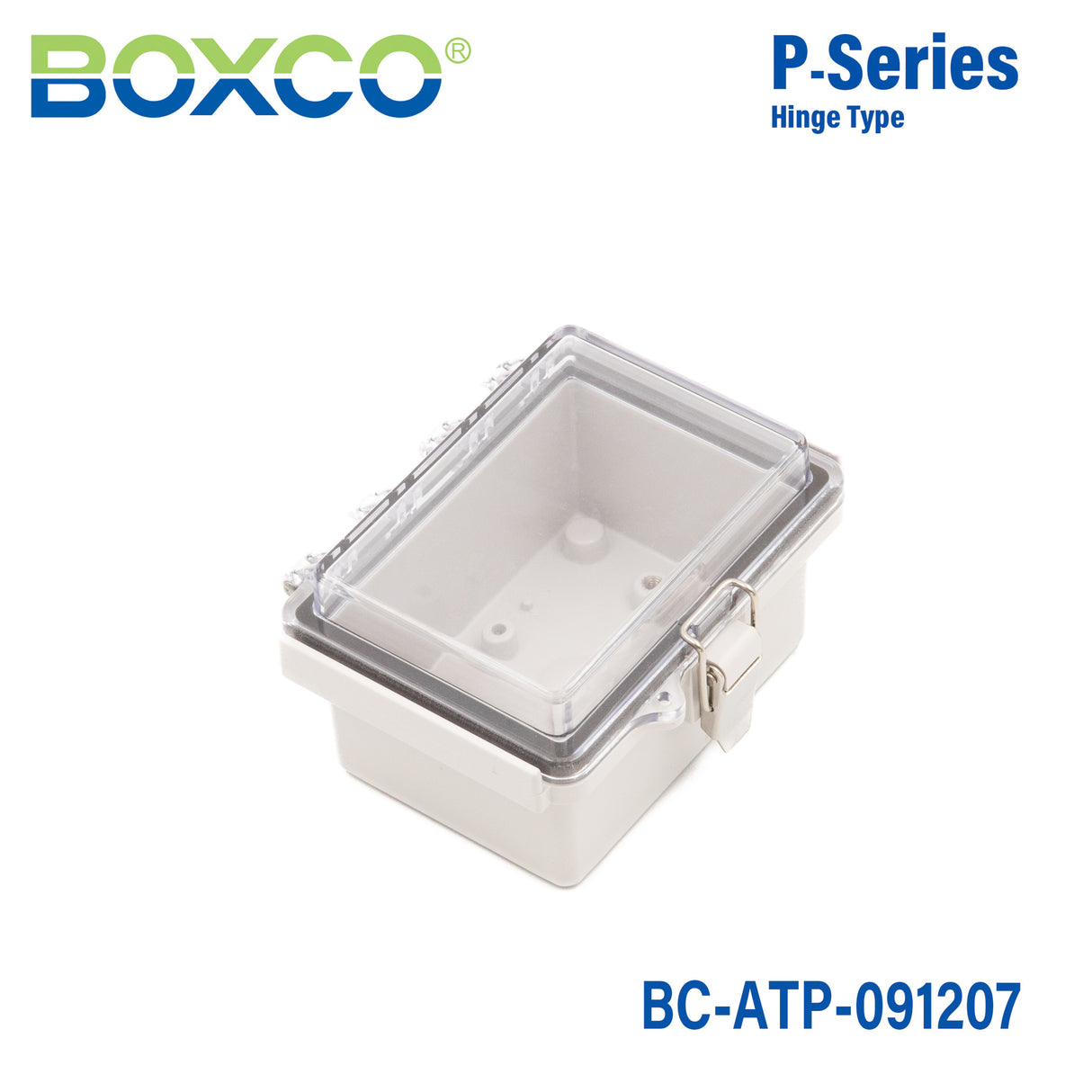 Boxco P-Series 90x120x70mm Plastic Enclosure, IP67, IK08, ABS, Transparent Cover, Molded Hinge and Latch Type