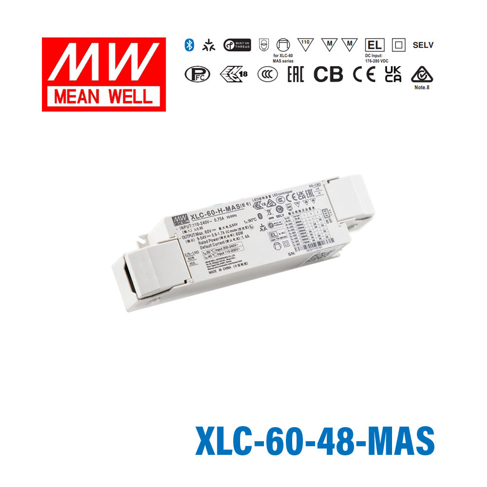 Mean Well XLC-60-48-MAS LED Driver 60W 48V Constant Voltage LED Driver, Matter Wireless Dimming with Strain Relief 1mA