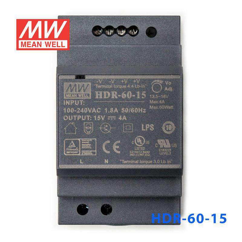 Mean Well HDR-60-15 Ultra Slim Step Shape Power Supply 60W 15V 4A - DIN Rail - PHOTO 2