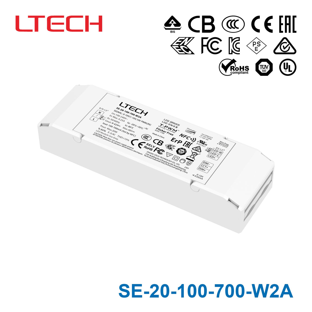 Ltech SE-20-100-700-W2A 20W 9-42VDC CC 0-10V LED Driver 0.1-0.7A