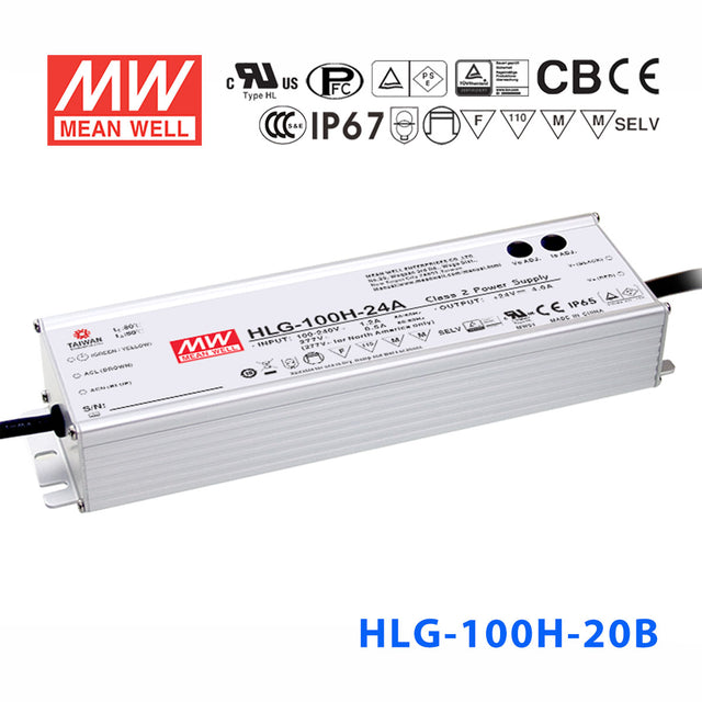 Mean Well HLG-100H-20AB Power Supply 100W 20V - Adjustable and Dimmable