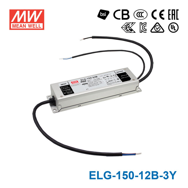 Mean Well ELG-150-12B-3Y Power Supply 120W 12V - Dimmable 10A — 3-Wire Input (with Earth)