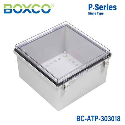Boxco P-Series 300x300x180mm Plastic Enclosure, IP67, IK08, ABS, Transparent Cover, Molded Hinge and Latch Type