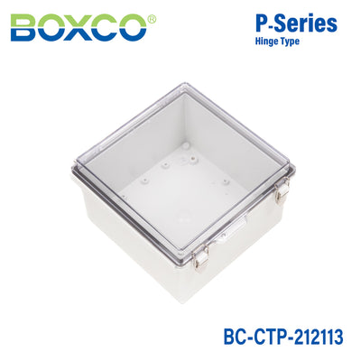 Boxco P-Series 210x210x130mm Plastic Enclosure, IP67, IK08, PC, Transparent Cover, Molded Hinge and Latch Type