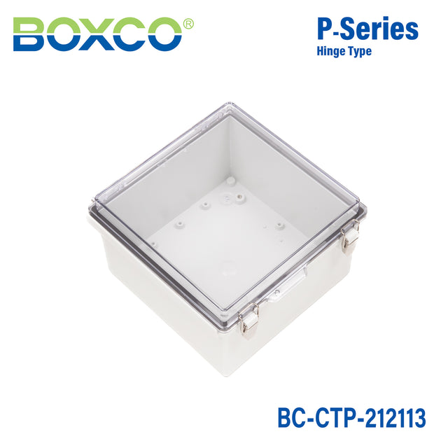 Boxco P-Series 210x210x130mm Plastic Enclosure, IP67, IK08, PC, Transparent Cover, Molded Hinge and Latch Type