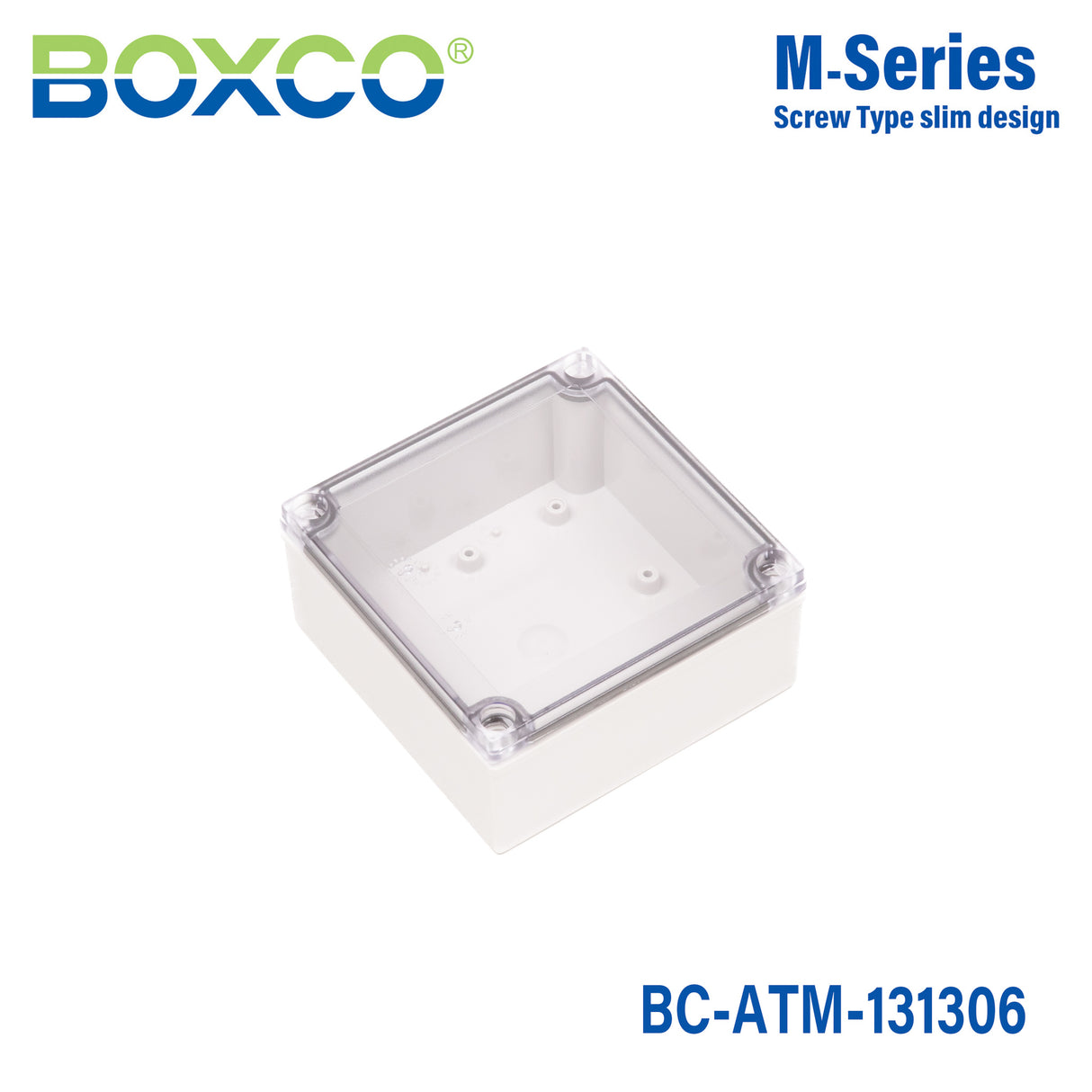 Boxco M-Series 130x130x60mm Plastic Enclosure, IP67, IK08, ABS, Transparent Cover, Screw Type