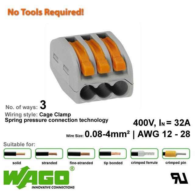 Wago 222-413 Compact Connector 3 Way - with Lever