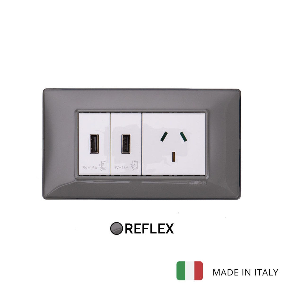 Vimar Plana Plastic 2 USB and 1 Socket - Reflex Ash - 10A