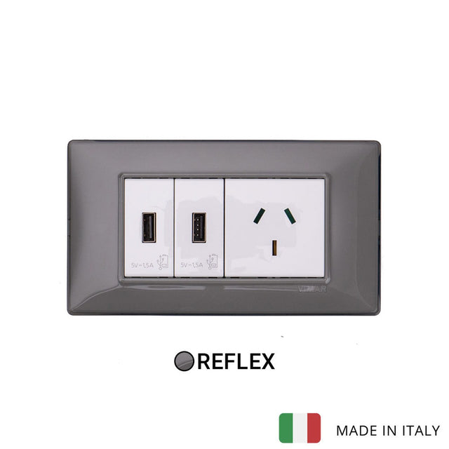 Vimar Plana Plastic 2 USB and 1 Socket - Reflex Ash - 10A