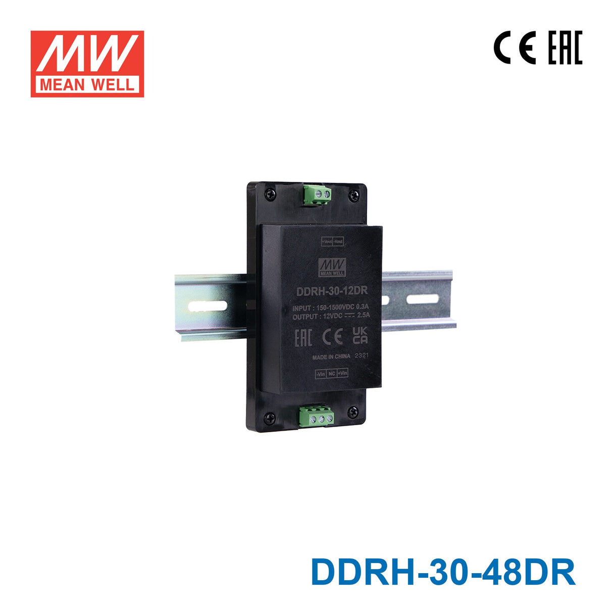 Mean Well DDRH-30-48DR Ultra Wide Input DC-DC Converter, 30W 48V, Din Rail Type 625mA
